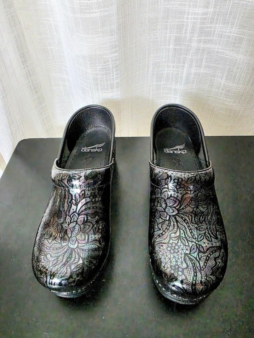 Dansko Professional Clogs Black Iridescent Floral Paisley Patent Leather